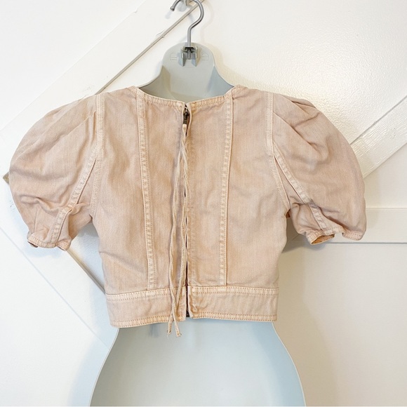 Ulla Johnson Renee Square Neck Denim Puff Sleeve Corset Cropped Top Pink Sz 0 - Picture 7 of 10